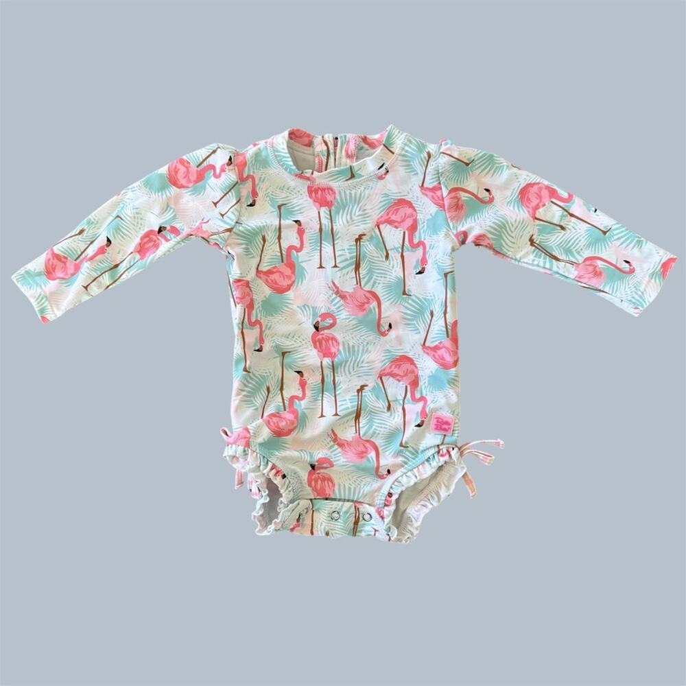 Ruffle Butts Kids Flamingo Print One Piece Rash Guard Swimwear Size 12-18 M
